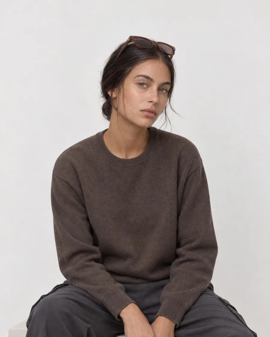 Modelo sentada con jersey de punto marrón, pantalón gris y gafas de sol en la cabeza, sobre fondo blanco con luz suave